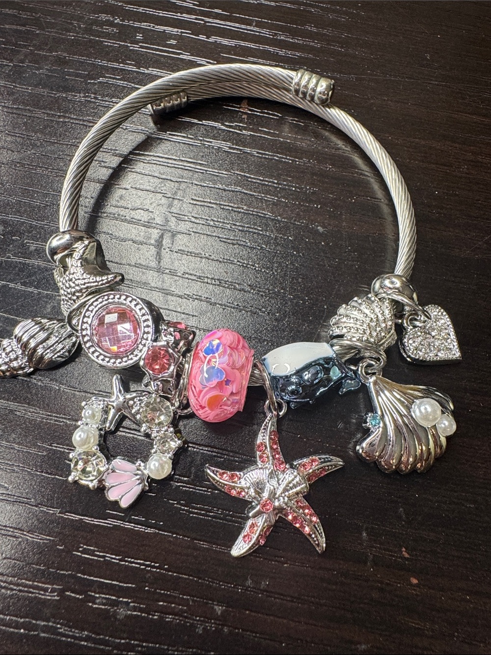 Silver-Tone Pink Charm Bracelet with Sea-Themed Accents